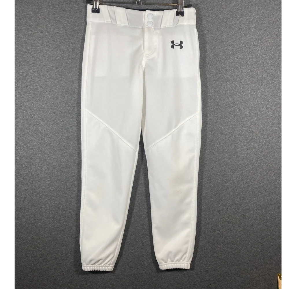 Under Armour Youth Small White Baseball Pants Elastic Cuffs HeatGear YSM 0565